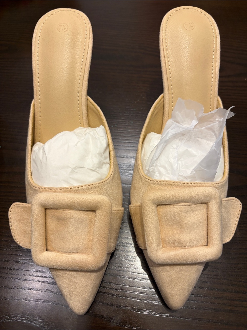 Women's Pointed Mule Suede Slides with Decorative Buckle - Beige